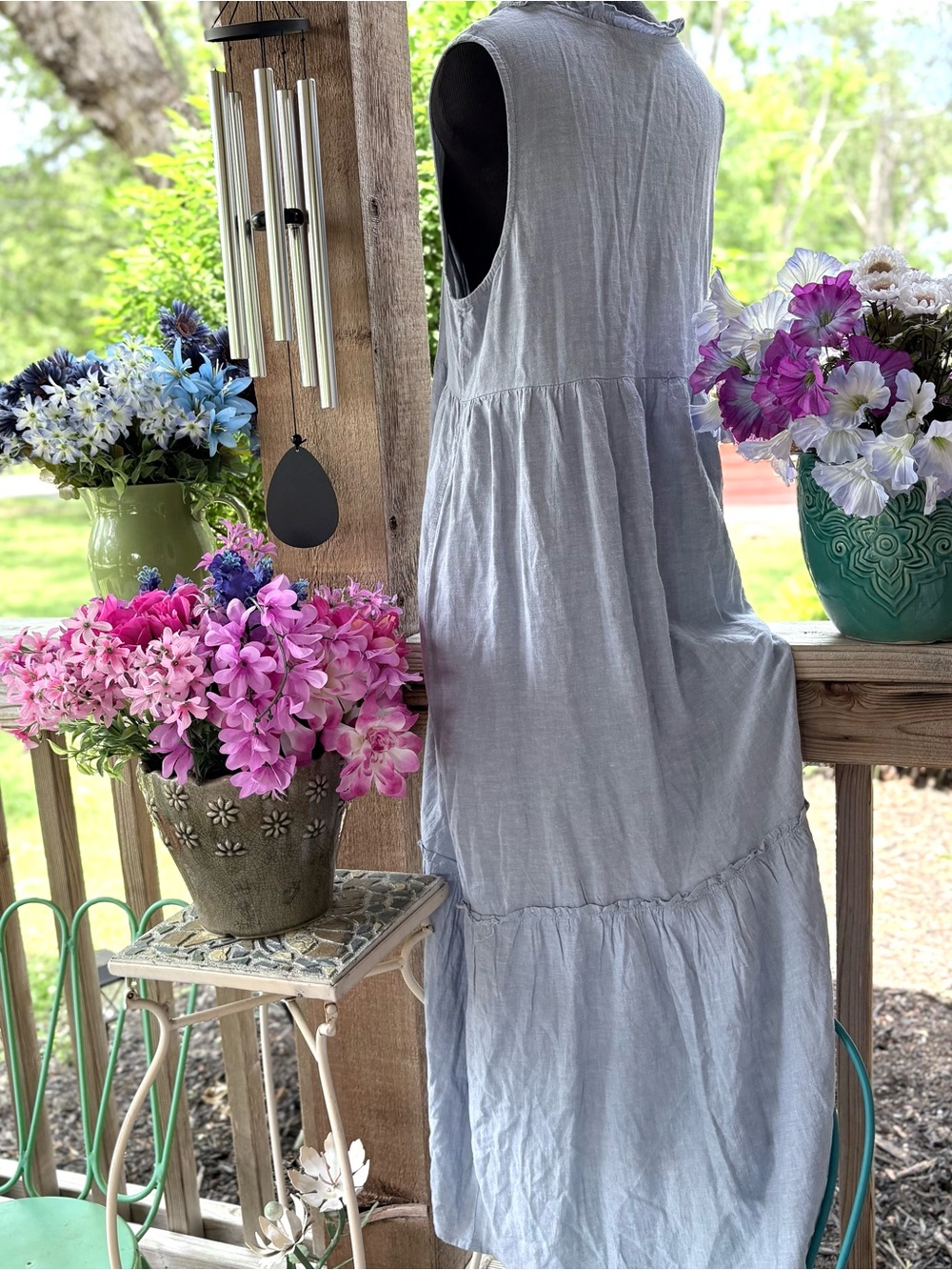 Linda Anderson Prairie Blue Rayon/Linen Soft Chambray Ruffle Detail Maxi Dress - Picture 5 of 8